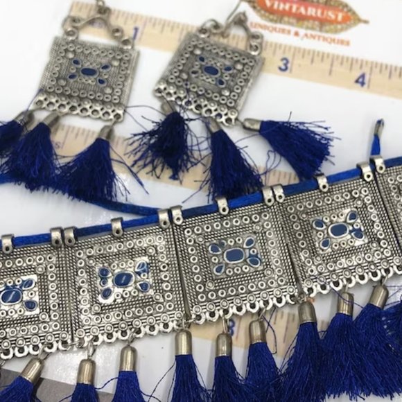 Silver Kuchi Afghan Jewelry Set With Dangling Tassels, Tribal Set - Picture 4 of 4